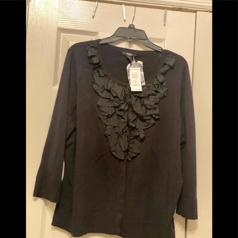 New-Alfani Woman's Size 2X Sweater/Blouse Black Ruffle Front Long Sleeve Stretch